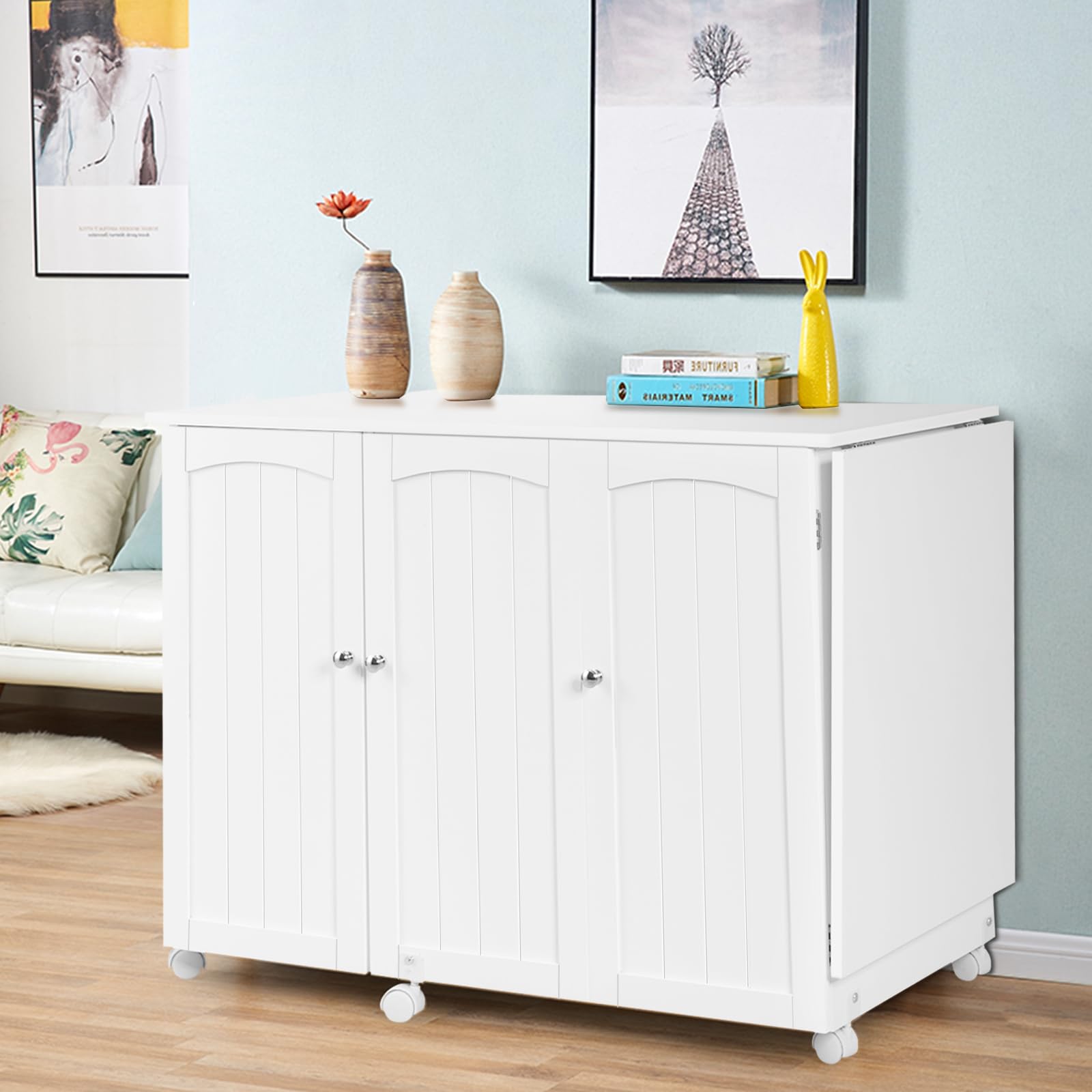 LIFEZEAL Armoire de Couture Pliable 3 en 1, Table pour Machine à Coudre Peu Encombrante, Bureau de Repassage 6 Roues, 3 Étagères, Large Étage, 158,5 x 50 x 74 cm (Blanc, L)