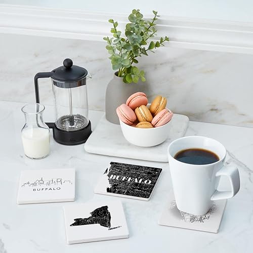 Miniatura 4 de Minimalistic B&W New York Buffalo & State, Joyride Home Decor, 4 posavasos de cerámica, posavasos cuadrados de 4 pulgadas, juego de 4, parte trasera