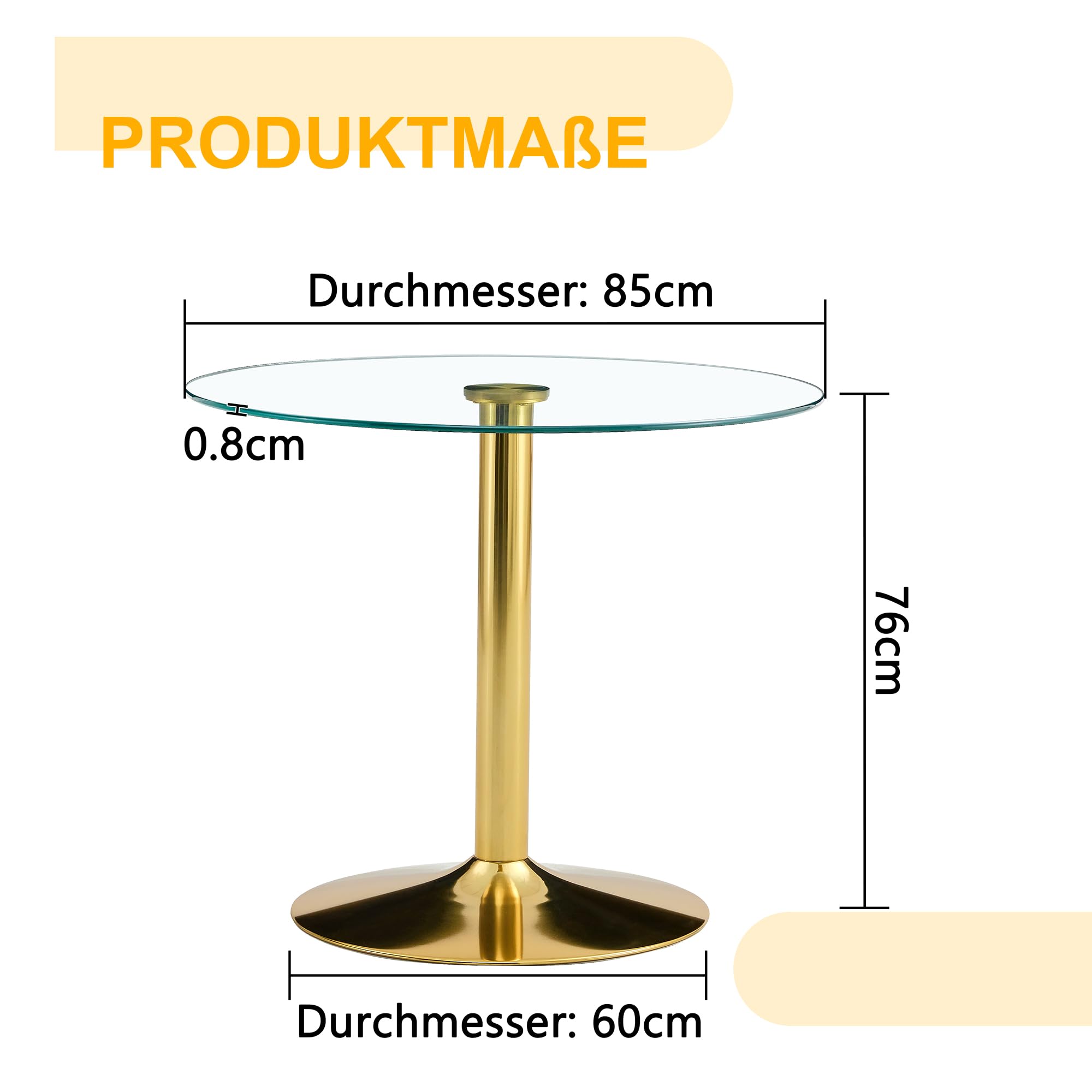 Runder Esstisch 85 cm Durchmesser, Küchentisch mit Glasplatte und Metallbeinen, Moderner Glastisch, runder Bistrotisch, stabiles Sicherheitsglas, Pflegeleichte Glasoberfläche, Gold