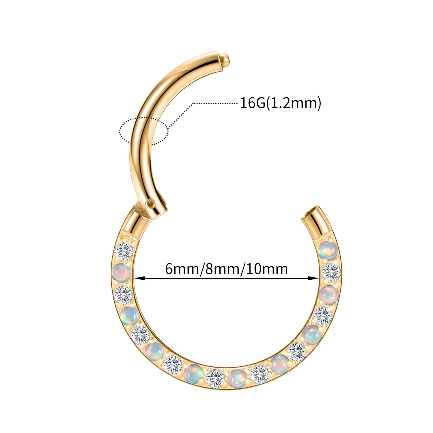 hengkaixuan 16G Conch & Septum Piercing Jewelry - Daith Clicker & Hoop Earring - Surgical Steel Nose Ring - Gold 6mm CZ Opal — view 2