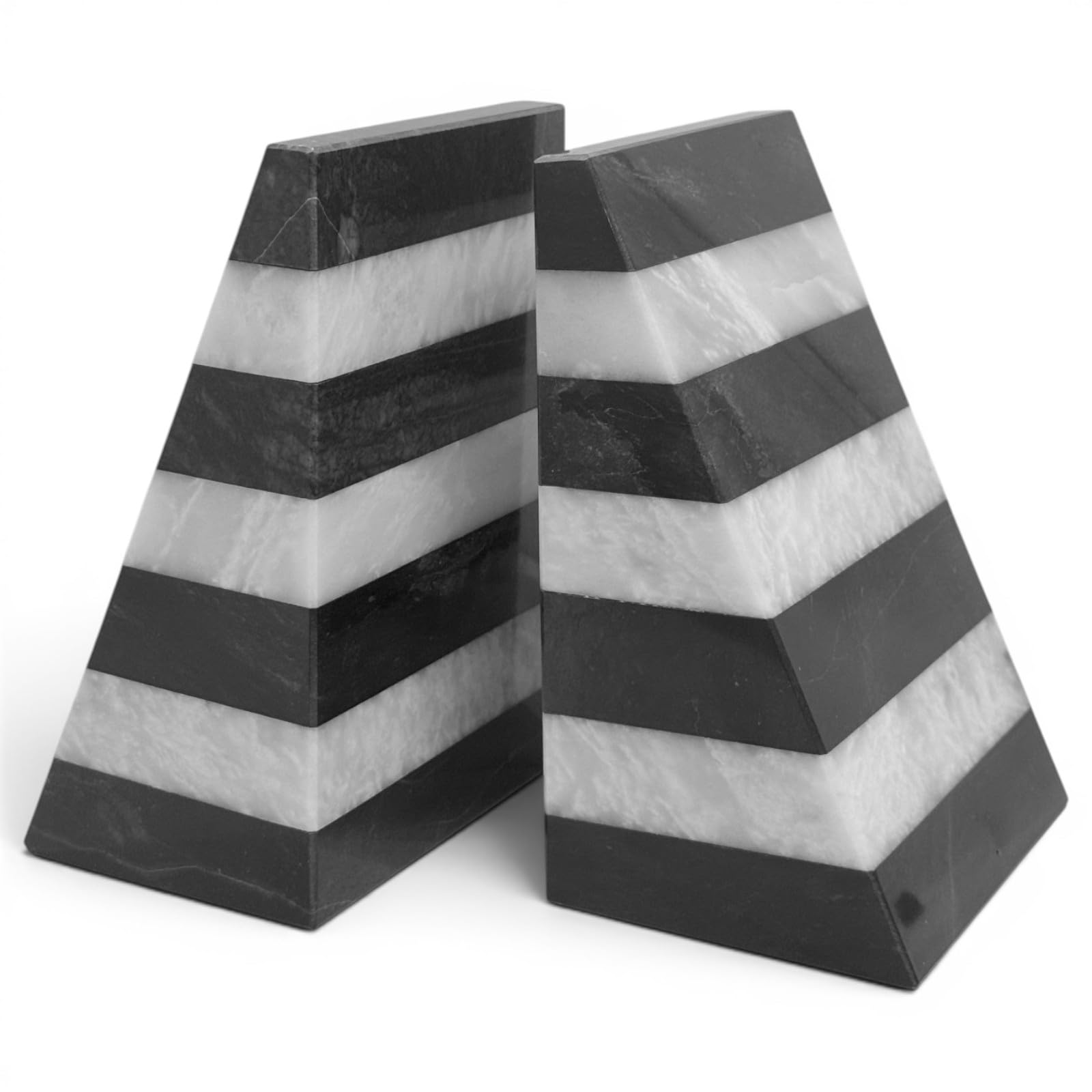 CBAM Paar Buchstützen aus schwarzem und weißem Marmor Carrara handgefertigte Buchstützen aus Naturstein Geometrisches Design für Bücherregal und Studio H 18 cm