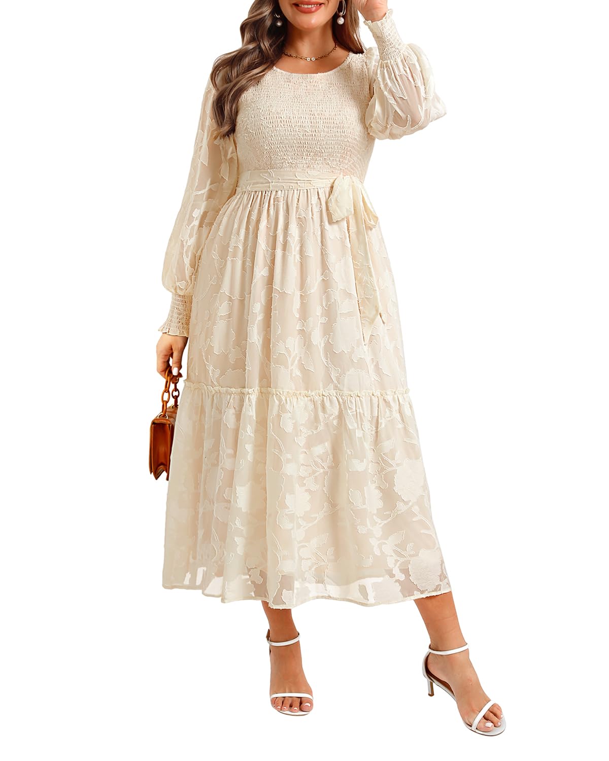 Pinup Fashion Plus Size Fall Dress - 2025 Wedding Guest Long Sleeve Floral Lace Long Dress with Belt
