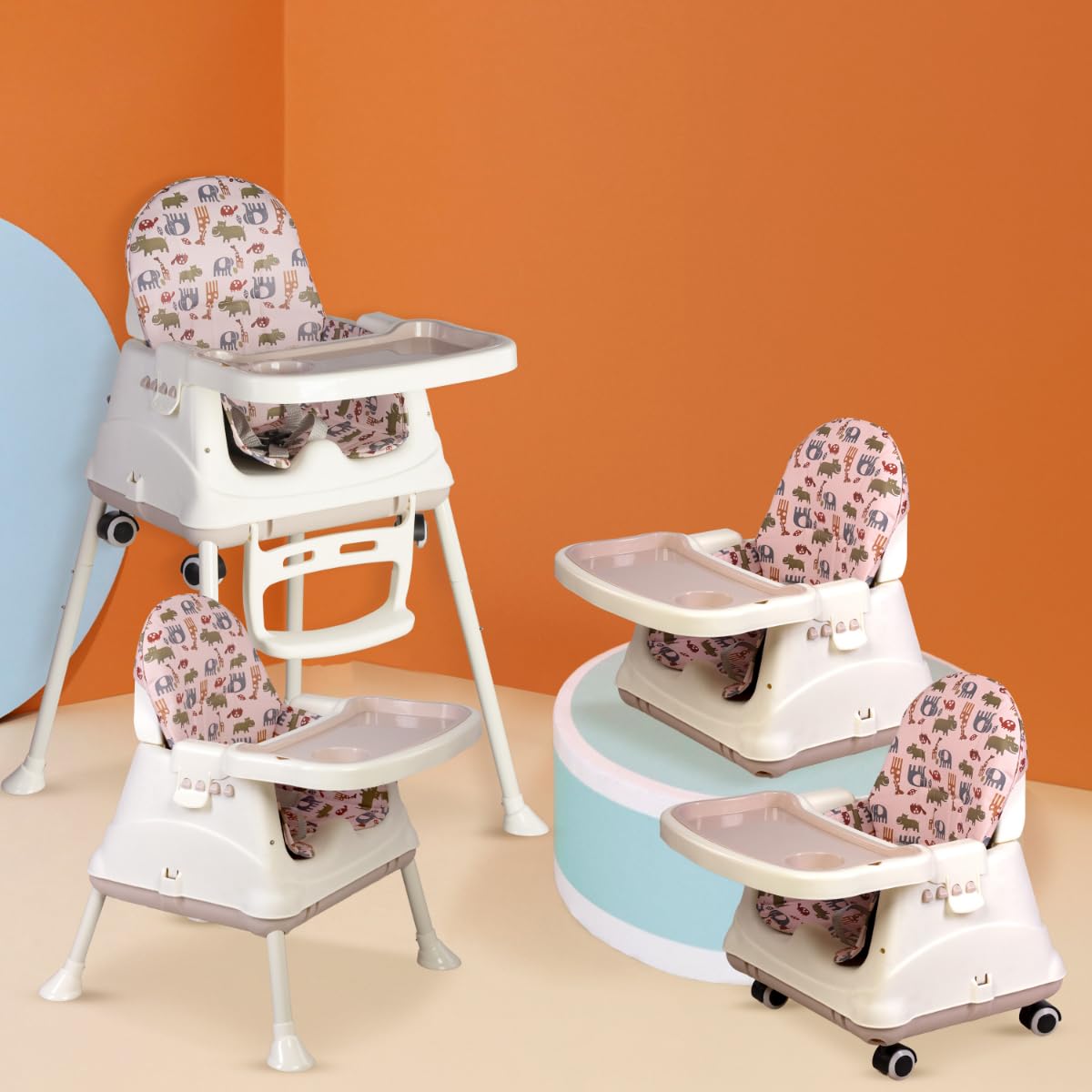 LuvLap 4 in 1 High Chair for Baby, Toddler Feeding Booster Seat with Wheels, 3 Height adjustments, with Cushion, 6 Months to 3 Years, Portable (Pink)