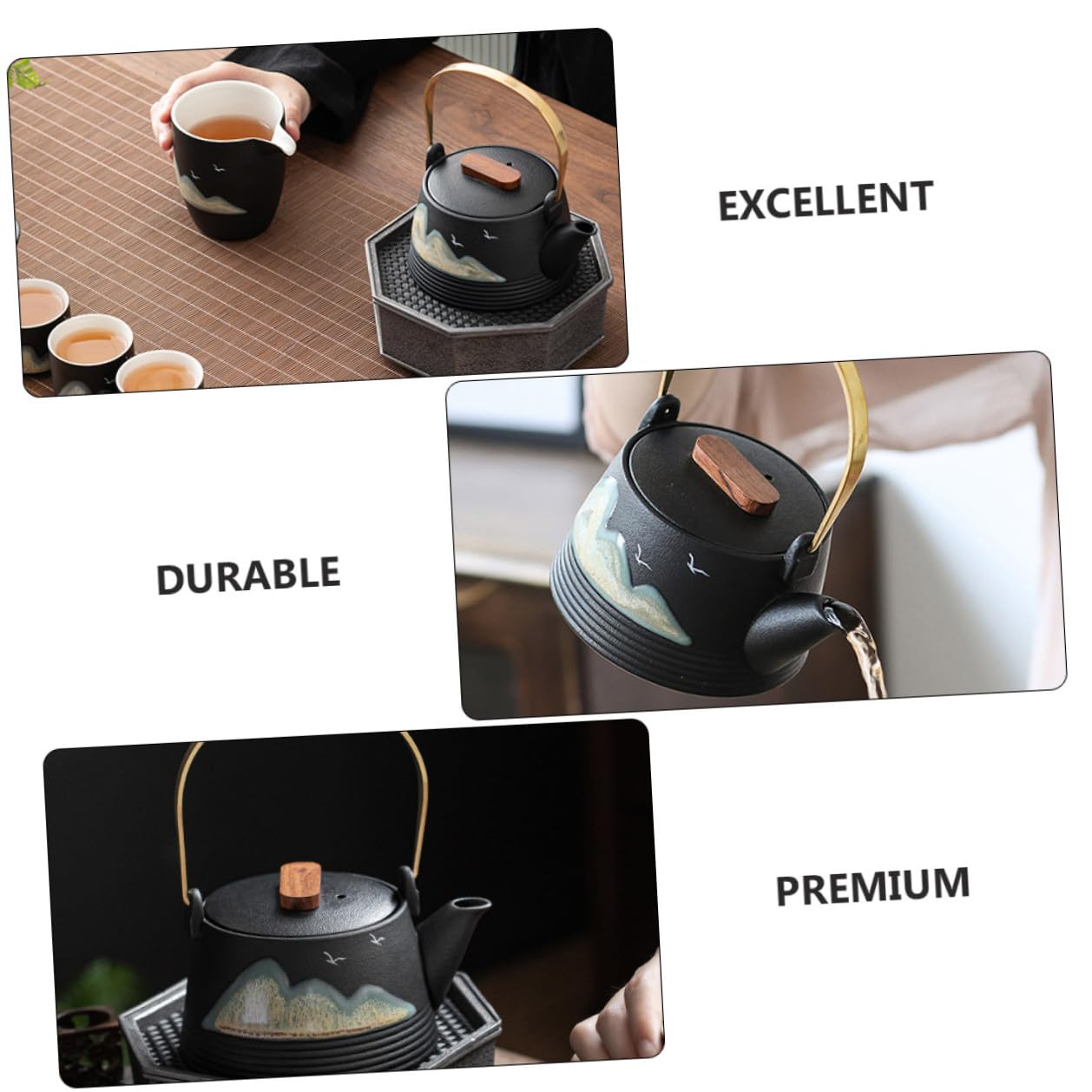 Tetera de Cerámica Pintada a Mano Negra Asa Fría, Pequeña Tetera Creativa para Hogar y Sala de Té Profesional