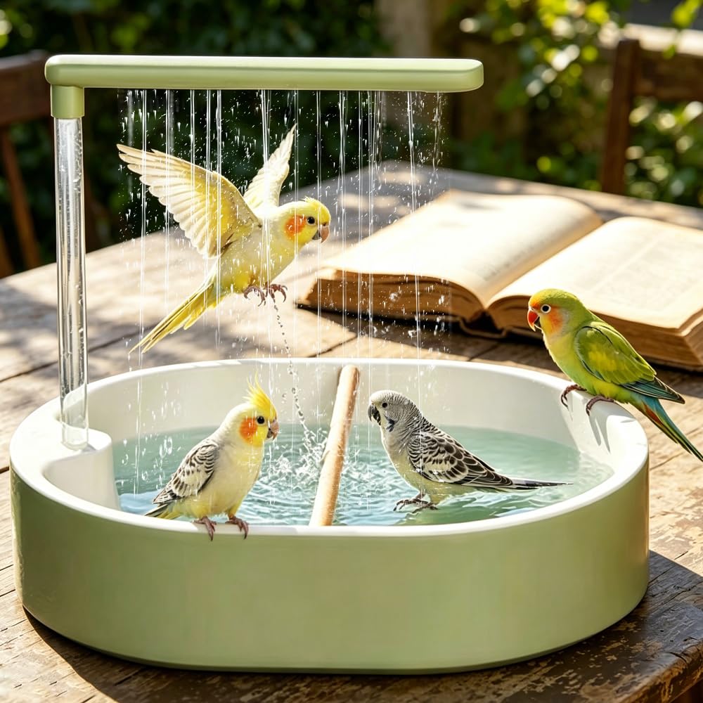 Vogeldusche Wellensittich, 32x28cm Wellensittich Dusche, Vogel Dusche mit Regenwasserzirkulation, USB-Betrieben, Vogel Badewanne für Unzertrennliche, Wellensittiche, Afrikanische Munias und Aras