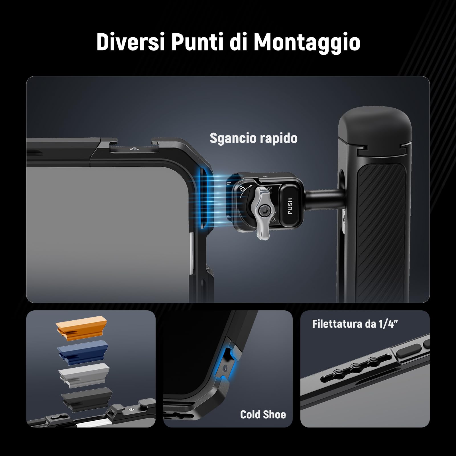 NEEWER Phone Cage Compatibile con iPhone 17 Pro, Accessorio Stabilizzatore Video Rig con Anello Filtro da 67mm, Backplate Lenti da 17mm, Adattatore T Mount, 4 Tappi di Controllo, PA143 (Nero)
