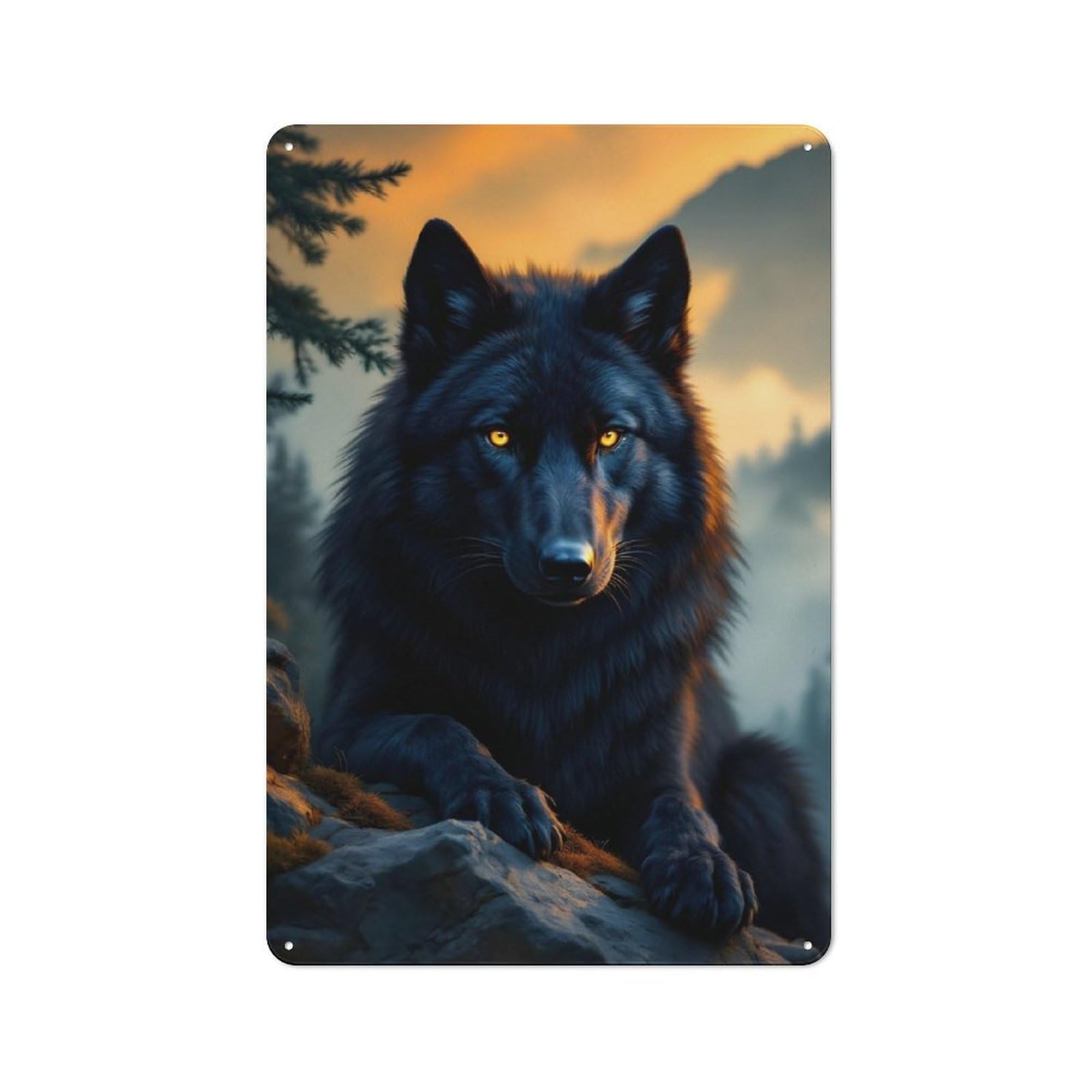 Junmoney Black Wolf At Sunset Retro-Style Metal Sign 30X20cm For Studio Or Craft Room, Gift For Studio Decor Lovers During The Christmas Season