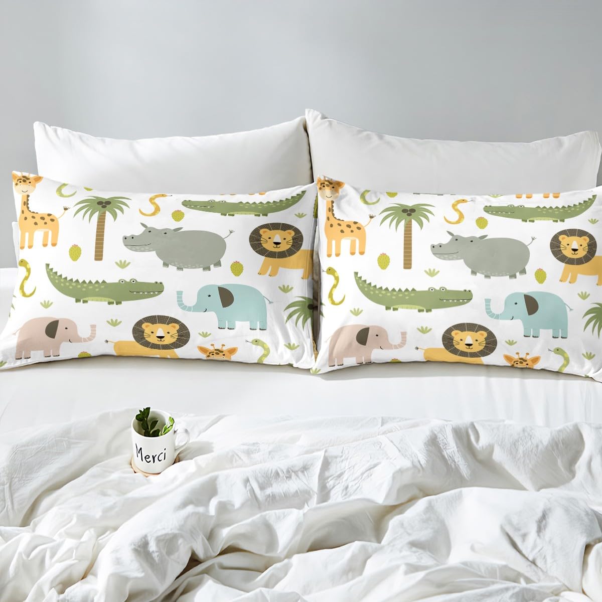 Homemissing Wildlife - Set di biancheria da letto Wildlife, set da letto per ragazzi, ragazze, adolescenti, carino, ippopotamo, coccodrillo, leone, copripiumino 220 x 240 cm, per bambini, cartone