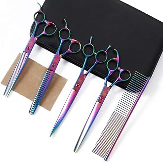Moontay Professional Dog Grooming Set - 7/8 Inch Chunkers Shears With Curved and Thinning Scissors, Comb Included