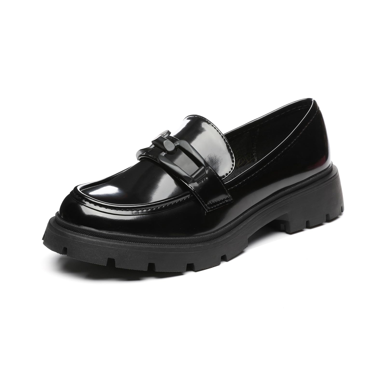 Vera Creation Women's Chunky Platform Loafers with Buckle Patent Leather Black Penny Loafers Fashion Office Work Business School Dressy Casual Shoes