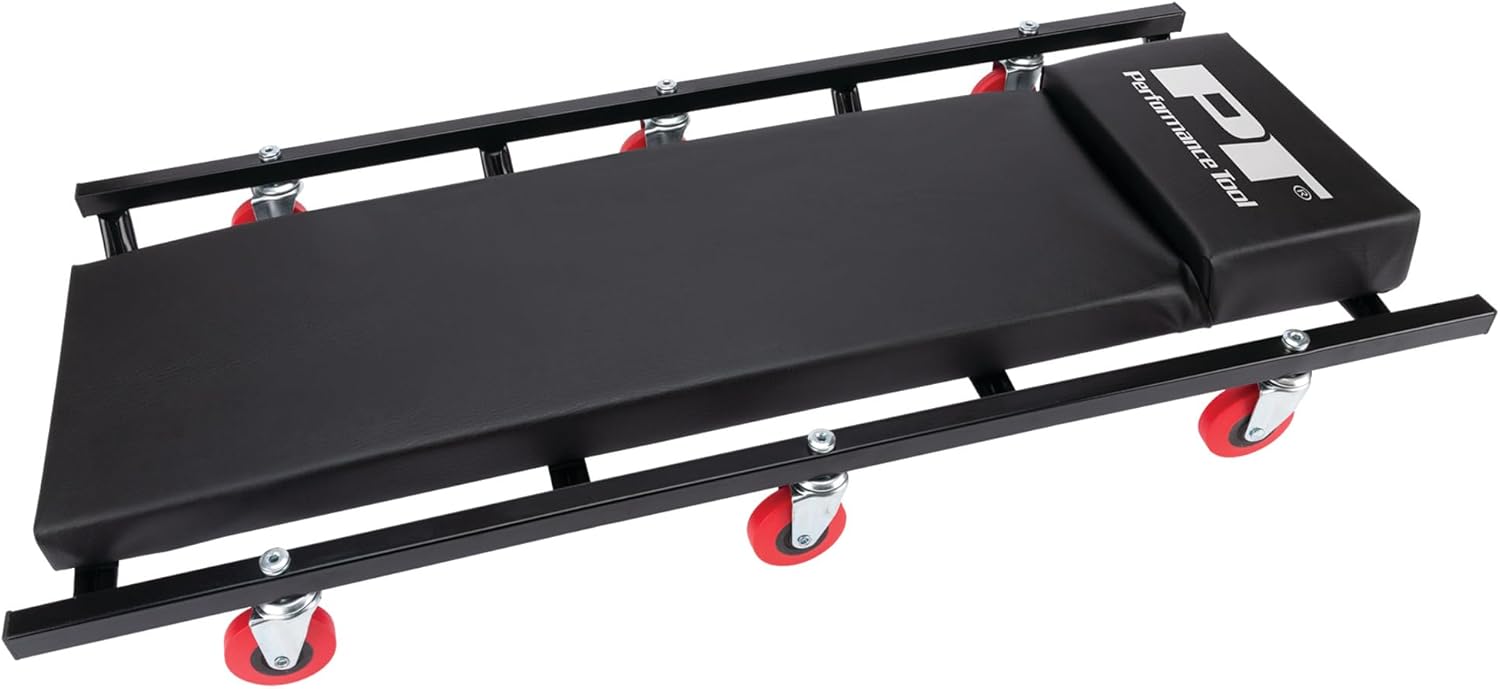 Performance Tool W85015 - Enredadera automotriz de perfil bajo con 6 ruedas giratorias de 36 x 17 pulgadas con reposacabezas acolchado, color negro