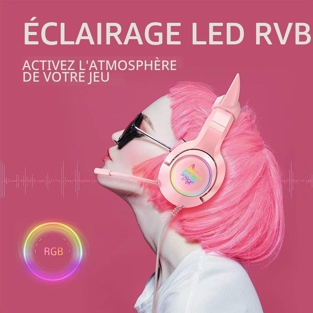 USB Casque de Jeu Rose Gaming Headset avec Oreille de Chat | Filaire Headset, Son Surround 7.1, Réduction de Bruit, Lumière LED RGB, Réglable Microphone, Pour PC Femmes Filles Adulte