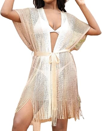 2023 Womens Crochet Swimsuit Cover Ups Tassel Split Shawl Summer Beach Swimwear Cardigan