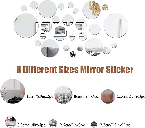 Miniatura 3 de CEYAZYE Espejo de pared, azulejos de espejo circular autoadhesivos, 32 piezas de espejo acrílico para pared, calcomanías de pared extraíbles para