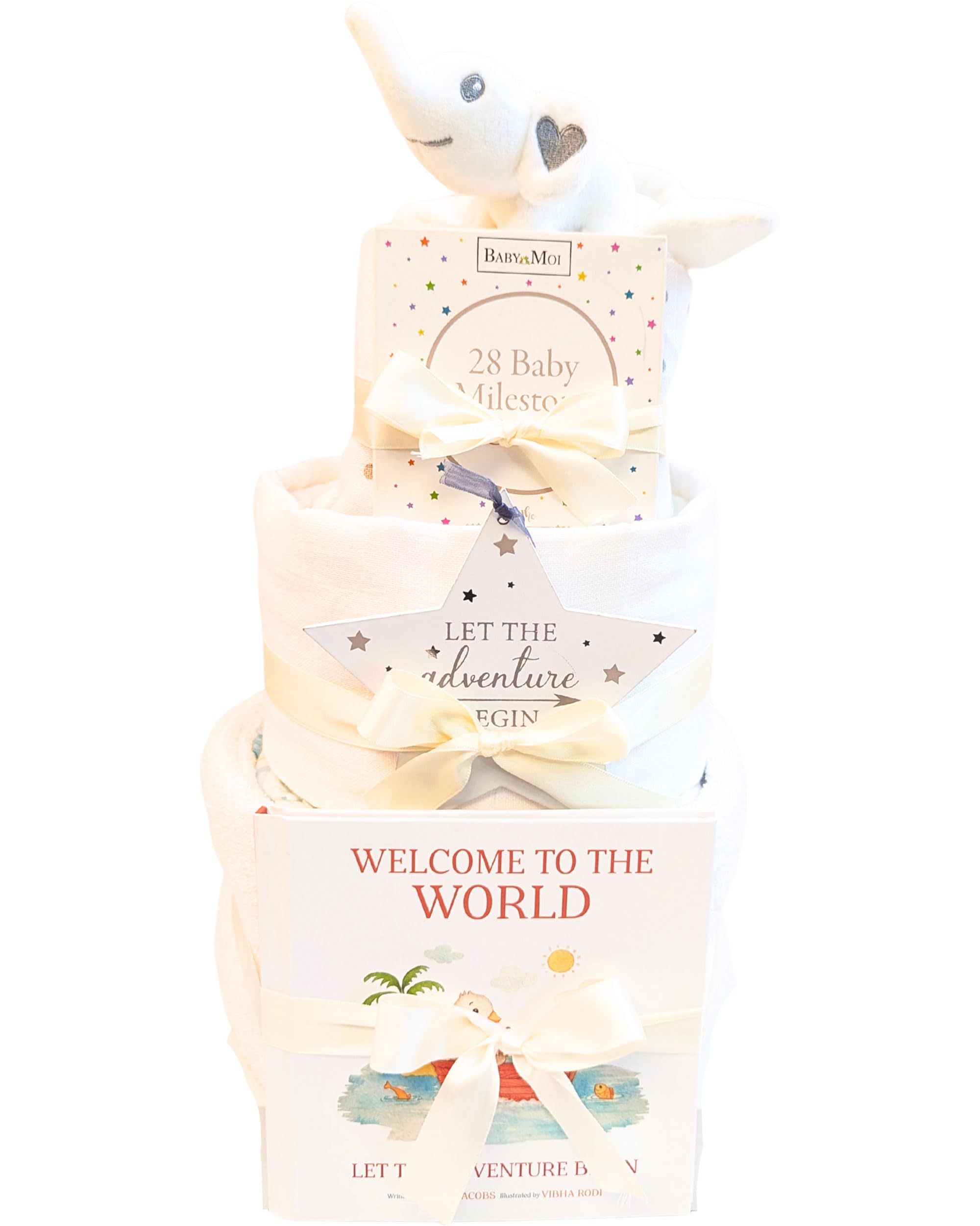 New Born Baby Gift Unisex Gift for New Baby and New Parents Elephant White Safari New Baby Gift Hamper Nappy Cake Set