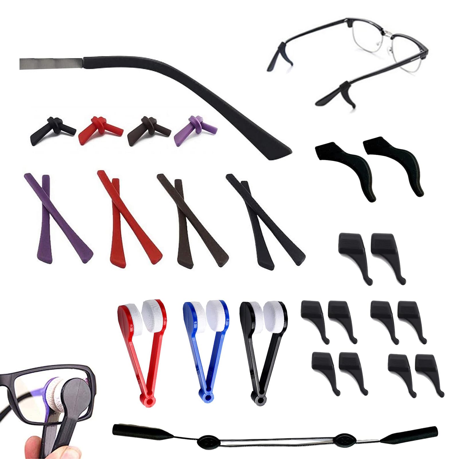 24 Pcs Silicone Anti-Slip Eyeglass End Tips Replacement Tips for Thin Metal Eyeglass Legs, Inner Hole, Mini Sun Glasses Eyeglass Microfiber Spectacles Cleaner, Silicone Ear Gripper Holders