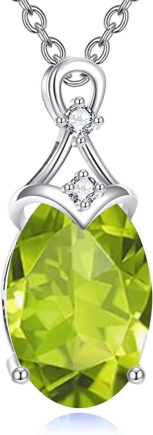 Solid 14K White Gold Oval Gemstone Necklace 3 Carat Created Birthstone with Diamond Pendant Necklaces Fine Jewelry Gifts for Women, Sterling Silver Chain 18"+2" Extender