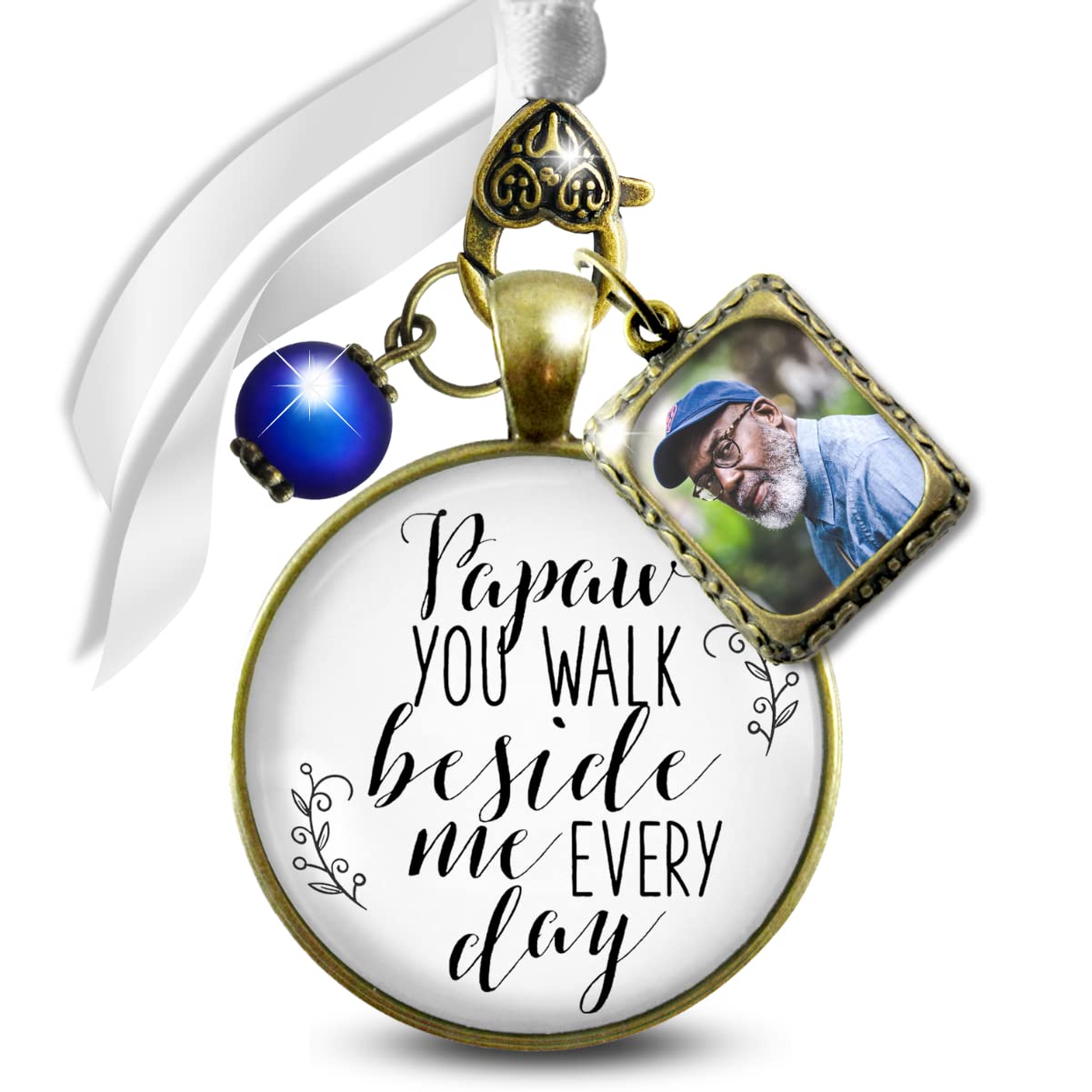 Bouquet Charm Photo Papaw You Walk Beside Me Every Day Something Blue Bead for Wedding 1 Frame Memory of Grandfather Vintage Bronze White Glass Pendant Jewelry Bride's Flowers DIY Template
