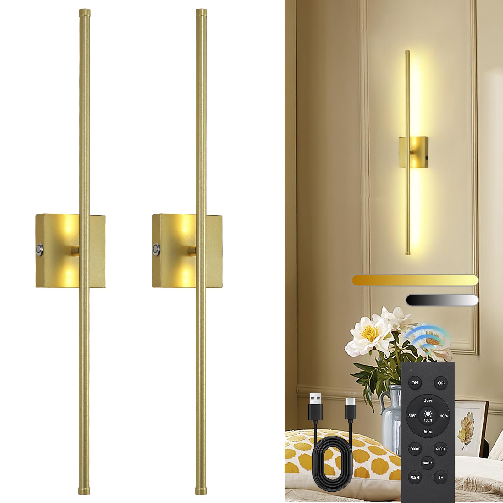 TPSHPTS Battery Operated Wall Sconces Set of 2, LED Rechargeable Wall Lights with Remote Control, 3 Colors Dimmable, 350° Rotate, Gold Wireless Wall Lamp for Living Room, Bedroom, 28.3 Inch