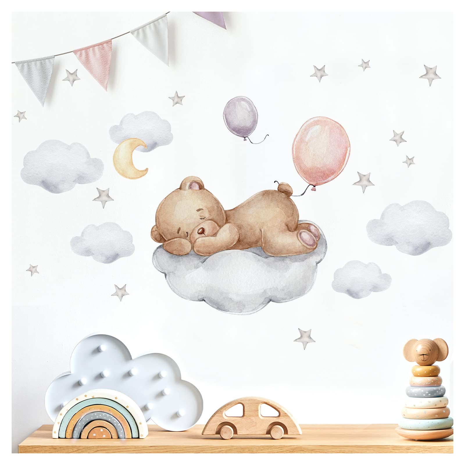 Little Deco Wandsticker Bär auf Wolke Wandtattoo Teddybär Luftballons Babyzimmer Schlafzimmer Wandaufkleber für Kinderzimmer Wanddeko DL871-6
