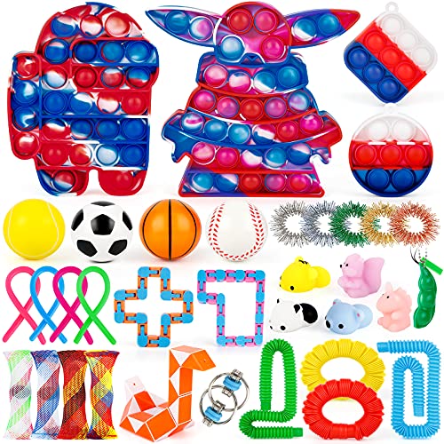 35 Pack Fidget Toys Sensory Set, Push pop Bubble Figetget Toy For Kids&Adults, Big Fidgets Packs with Figit Pop on it and Among on us, Fidget Box Stress Toys for ADHD Autism Anxiety, Cheap Fidget Toys