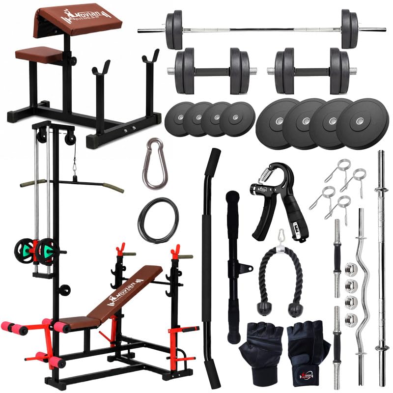 40KG All-in-One Home Gym Combo with Rubber Weight Plates & Barbell Set, 20-in-1 Adjustable Multi-Workout Bench with LAT Pulldown, Preacher Curl Bench, Cable Accessories & Strength Kit-image-38
