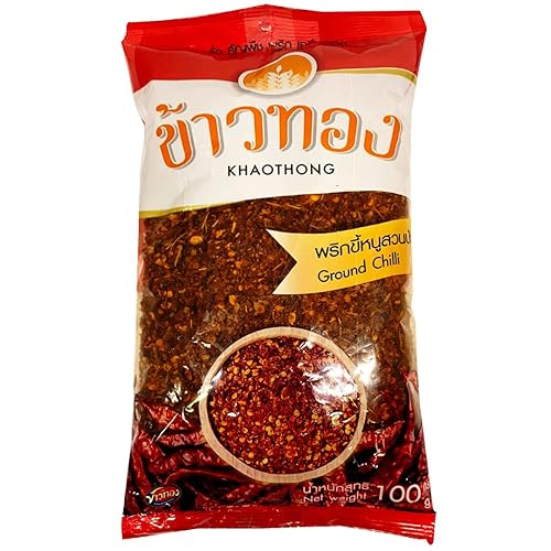 Khaothong Chile molido tailandés, chiles tailandeses triturados, chile rojo molido, copos de chile picante, 3.53oz (3.52 onzas) condimentos de chile