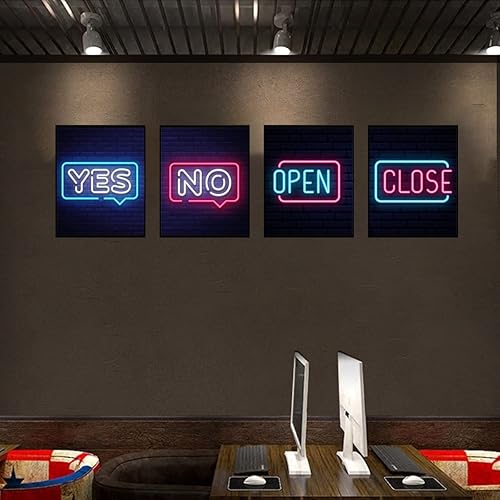 Miniatura 3 de Impresiones artísticas modernas para pared, juego de 4 piezas para decoración de pared de habitación, estilo retro neón, sí no abrir cerrar, póster