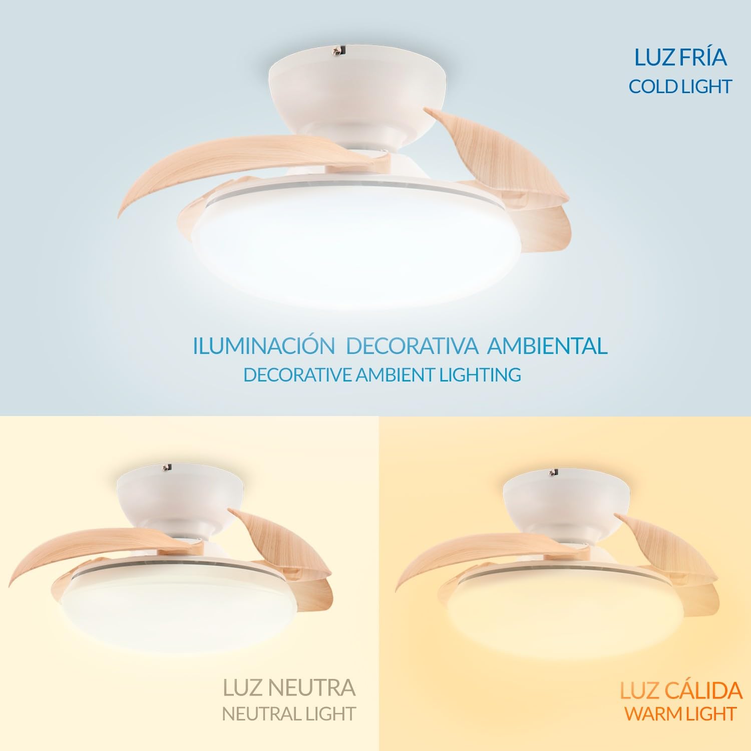 M Mimotec – Ventilateur de plafond LED Mushroom finition blanc bois naturel Ø72,5 cm, moteur DC silencieux, LED 24 W dimmable 3CCT 2700–6500 K, 2400 lm, télécommande, minuterie, fonction été/hiver.