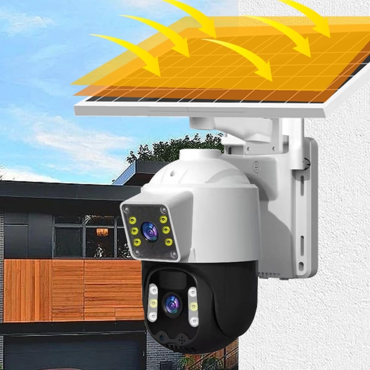 EMEBAY Telecamera Wi-Fi Esterno Senza Fili con Pannello Solare, Videocamera Sorveglianza Esterno Batteria, 6MP/2 Lenti/Rotazione a 360°/Rilevamento Umano/Visione Notturna a Colori/Audio bidirezionale