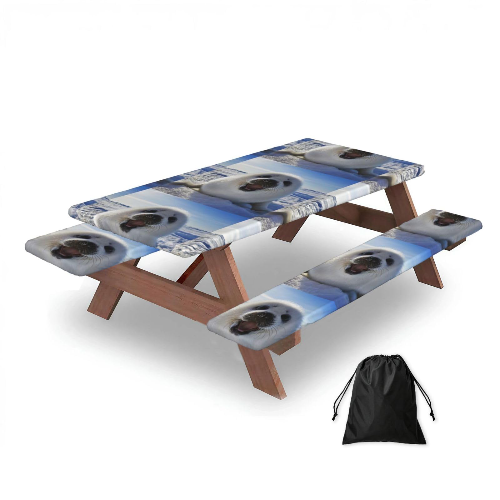 Dopklna As Picture Harp Seal Painting Wallpaper, Picnic Table Cover With Bench Covers -Waterproof Elastic Fitted Tablecloth For Garden Camping Patio 76X152cm