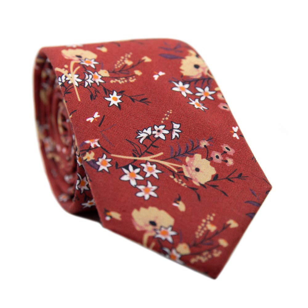 DAZI Men's Skinny Tie Floral Print Cotton Necktie, Great for Weddings, Groom, Groomsmen, Missions, Dances, Gifts.