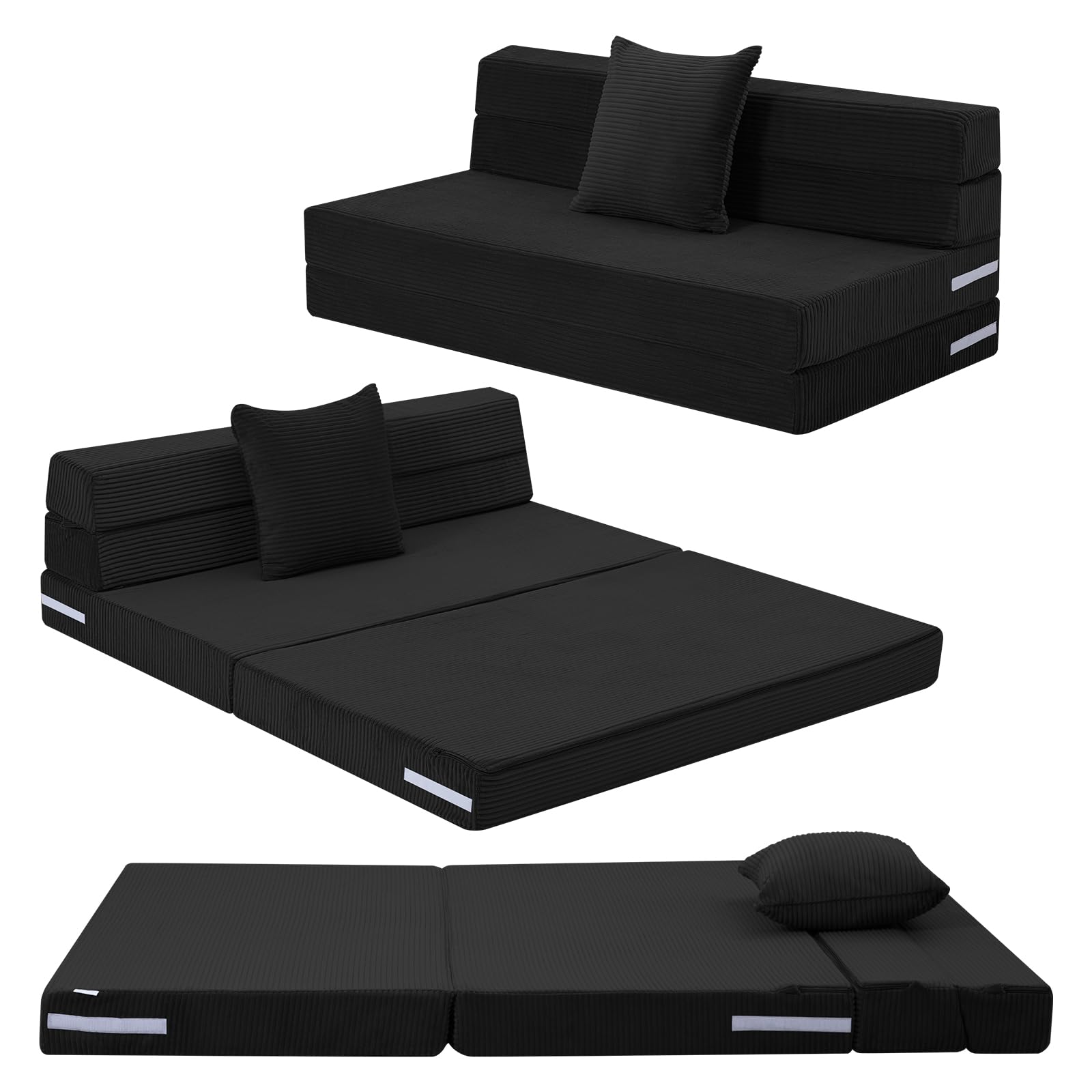 MeMoreCool Folding Mattress Double 190x135cm, High Density Foam Fold Out Sofa Chair Z Bed, Foldable Futon Mattress, Floor Lounger Guest Couch Bed for Sleeping, Travel, 13cm Thick, Black