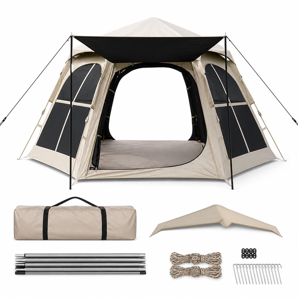 calandis hexagonal blackout camping tent with sunshade and rain protection, quick setup for outdoor family fun hexagonal blackout large tent without canopy, with vestibule 5-8 person