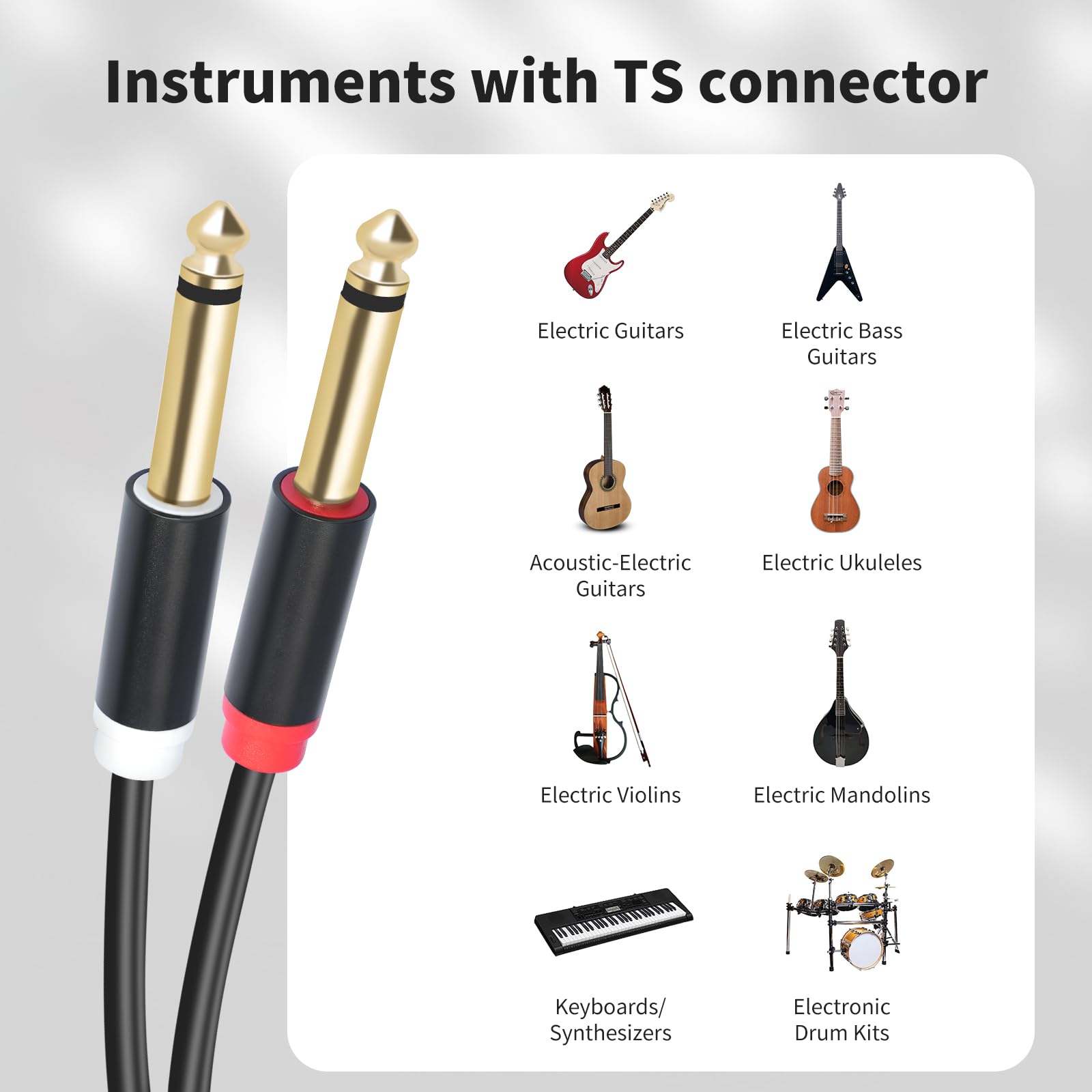 Cavo di interconnessione audio stereo doppio da 1/4 TS a doppio RCA, 1,5 m, guscio in rame placcato oro, resistente, 2 x 6,35 mm maschio TS a 2 RCA maschio cavo adattatore