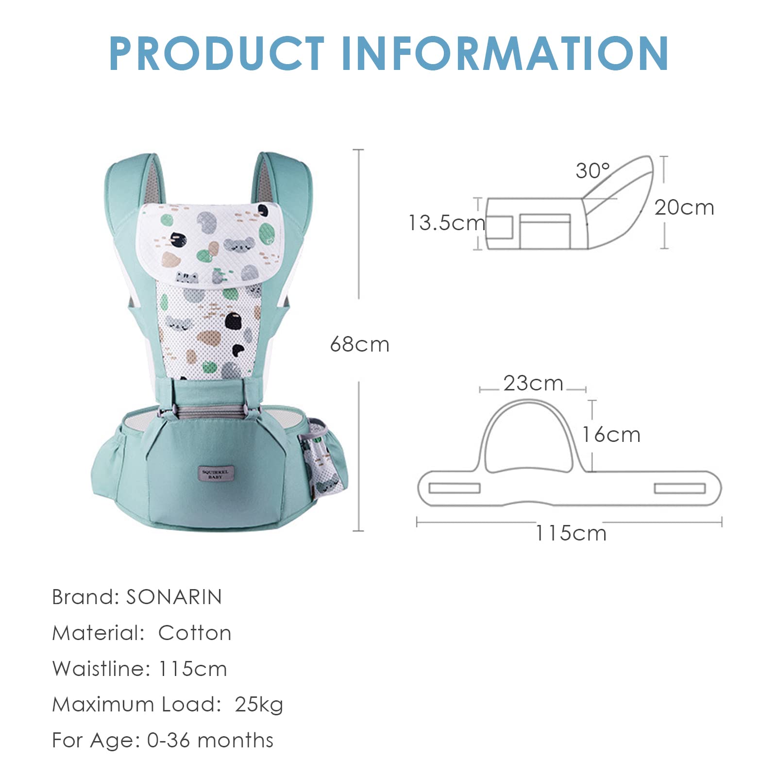 SONARIN Multifunzione Marsupio Neonati con Sedile,Cotone Portantina Ergonomico Porta Bambino Traspirante con Bavaglino,Regolabile per Neonati Bambini 0-36 Mesi,Tutte le Posizioni(Verde)