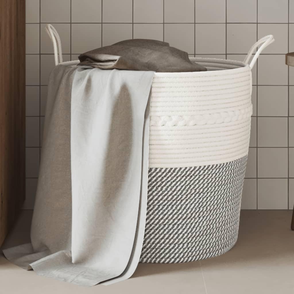 Cesto portaoggetti, grigio, bianco, in cotone, Ø 43 x 38 cm, intrecciato, versatile, pieghevole, con manici, per ordine in soggiorno, camera da letto e cameretta dei bambini, salvaspazio