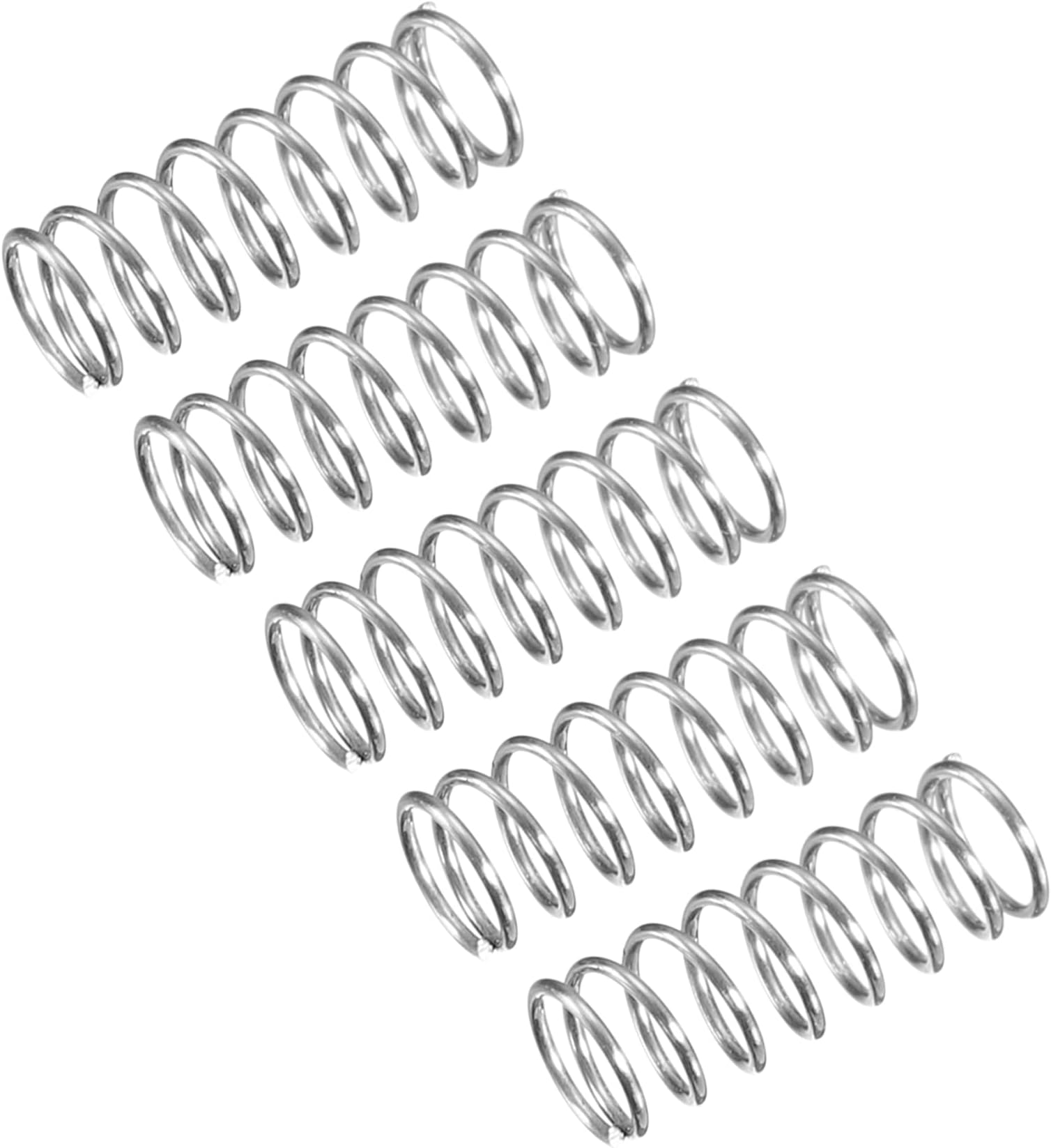 sourcing map Compression Spring, 5Pcs 304 Stainless Steel, 4mm OD, 0.4mm Wire Size, 10mm Free Length, Silver Tone