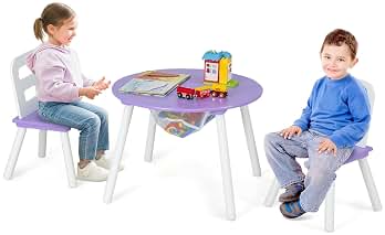 COSTWAY Set Mesa Redonda y Silla para Niños, Set 3 Piezas con Mesa Actividad de Madera y Centro de Red, Complementos de Decoración para Niños y Niñas, Artesanías Comidas y Estudio (Morado)