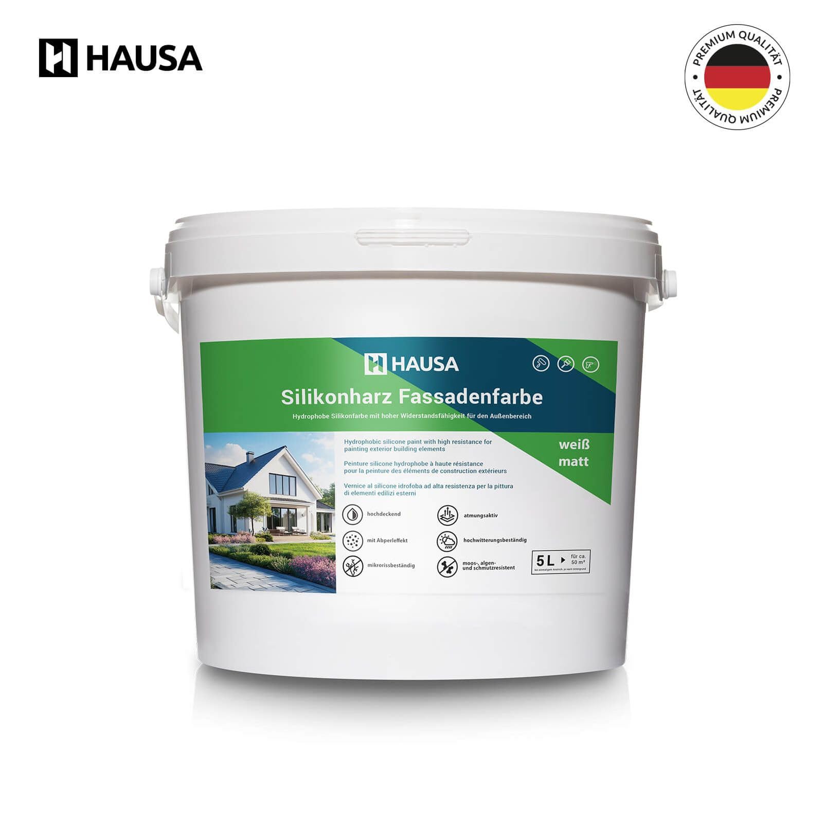 Hausa Fassadenfarbe weiß matt 5L Silikonharz Fassaden Farbe hochdeckende hydrophobe Außenfarbe mit Abperleffekt für alle Außenputze, Beton, Zement, Mauerwerk, Ziegel, witterungsbeständig atmungsaktiv
