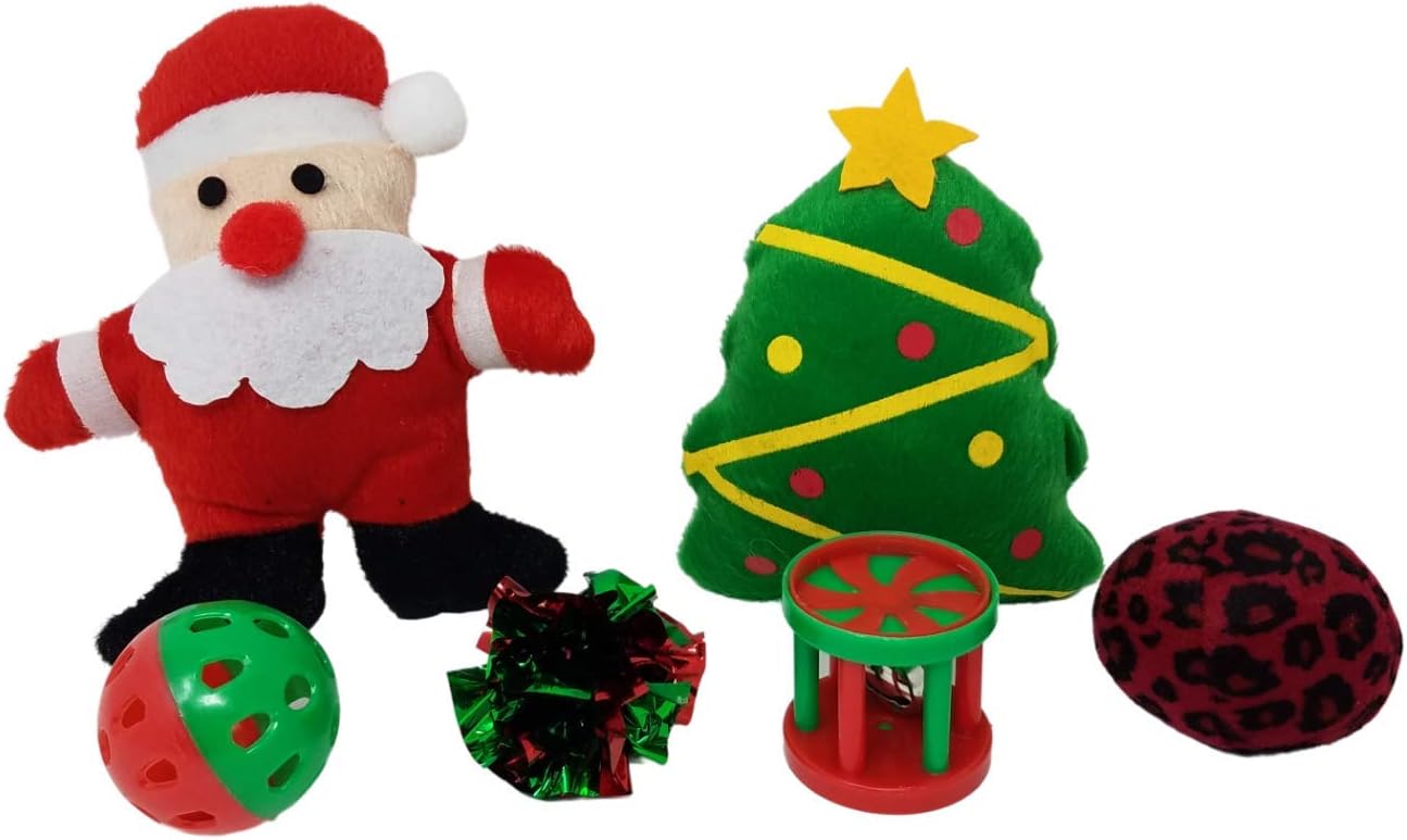 All Day Gifts Christmas Cat Stocking Stuffer Gift Toys- 6 Ct Assorted with Catnip Plush and Variety of Balls with Bells.