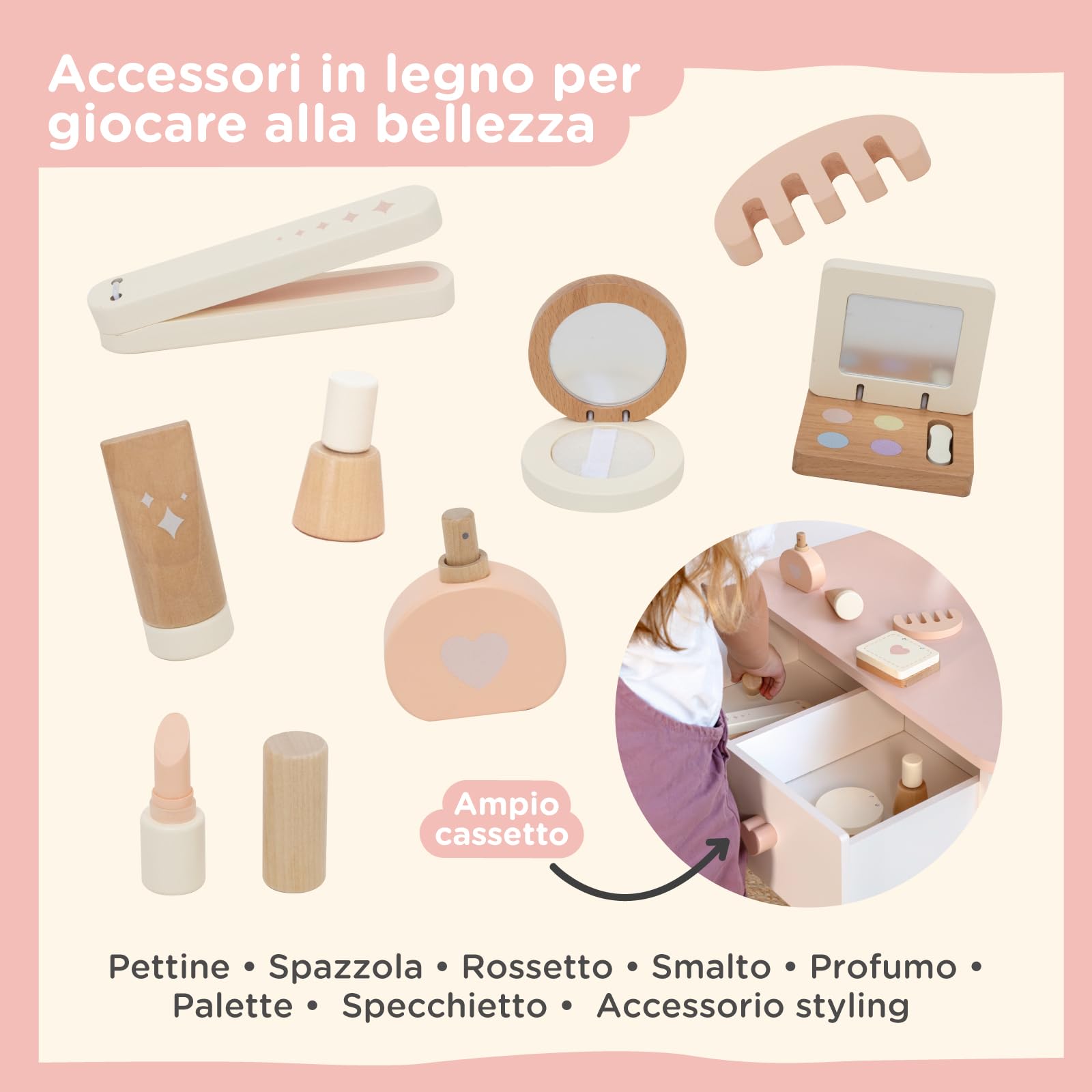 Nene Toys Toeletta Trucco Bambina con Specchio Illuminato e Sgabello, Specchiera Trucco Bambina in Legno, Postazione Trucco con 3 Modalità di Luce, Cassetto, Accessori, Regalo 3+ Anni