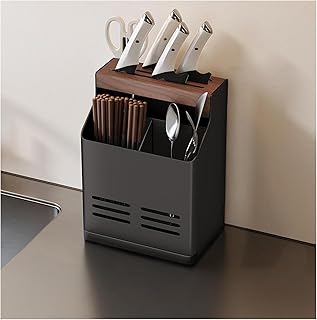 Dxcaicc Black Walnut Wood Knife Organizer, Knife Drying Rack with Chopsticks Holder,Drain Tray Utensil Holders,Kitchen Storage Rack,Black