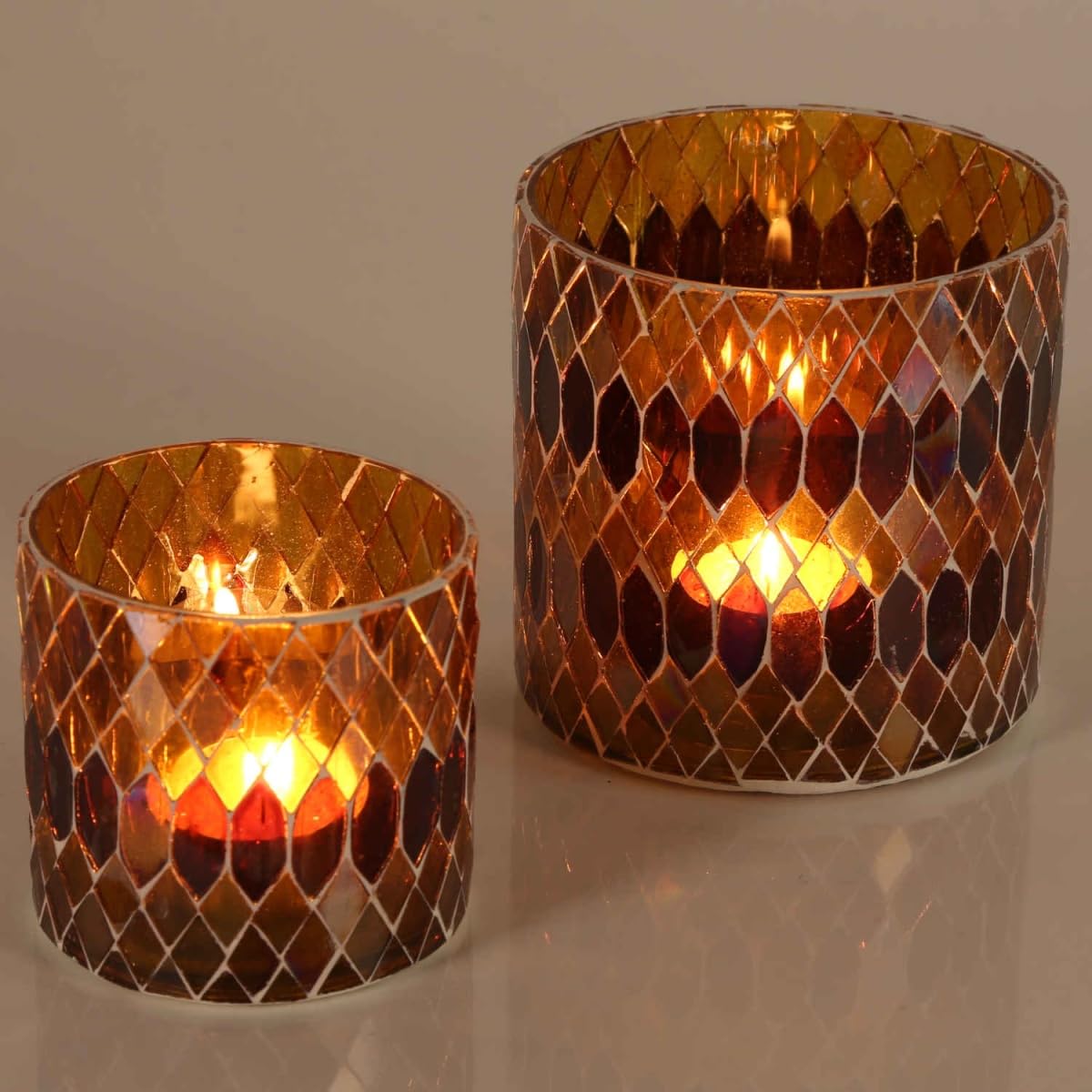Rayan Lot de 2 photophores ronds en mosaïque marocaine Jaune Fait à la main en verre | Lumière d'ambiance de Noël Photophore multicolore Décoration de table marocaine 1001 nuits