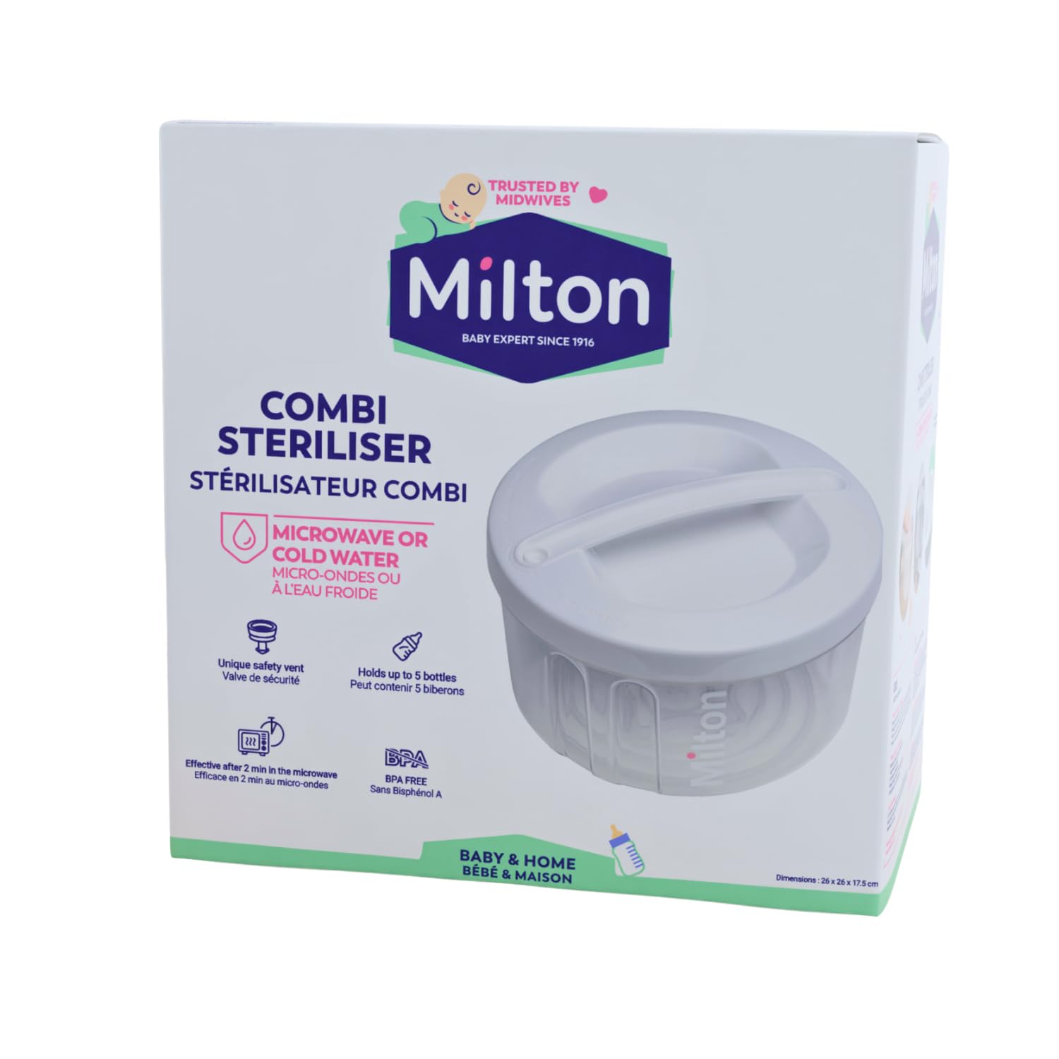 MILTON Combi Microwave Or Cold Water Steriliser, 24 hour Sterilisation, Fits Five Wide Neck Bottles of Any Brand, Fits Most Microwaves, 5 litre Capacity, Kills 99.9% of Germs