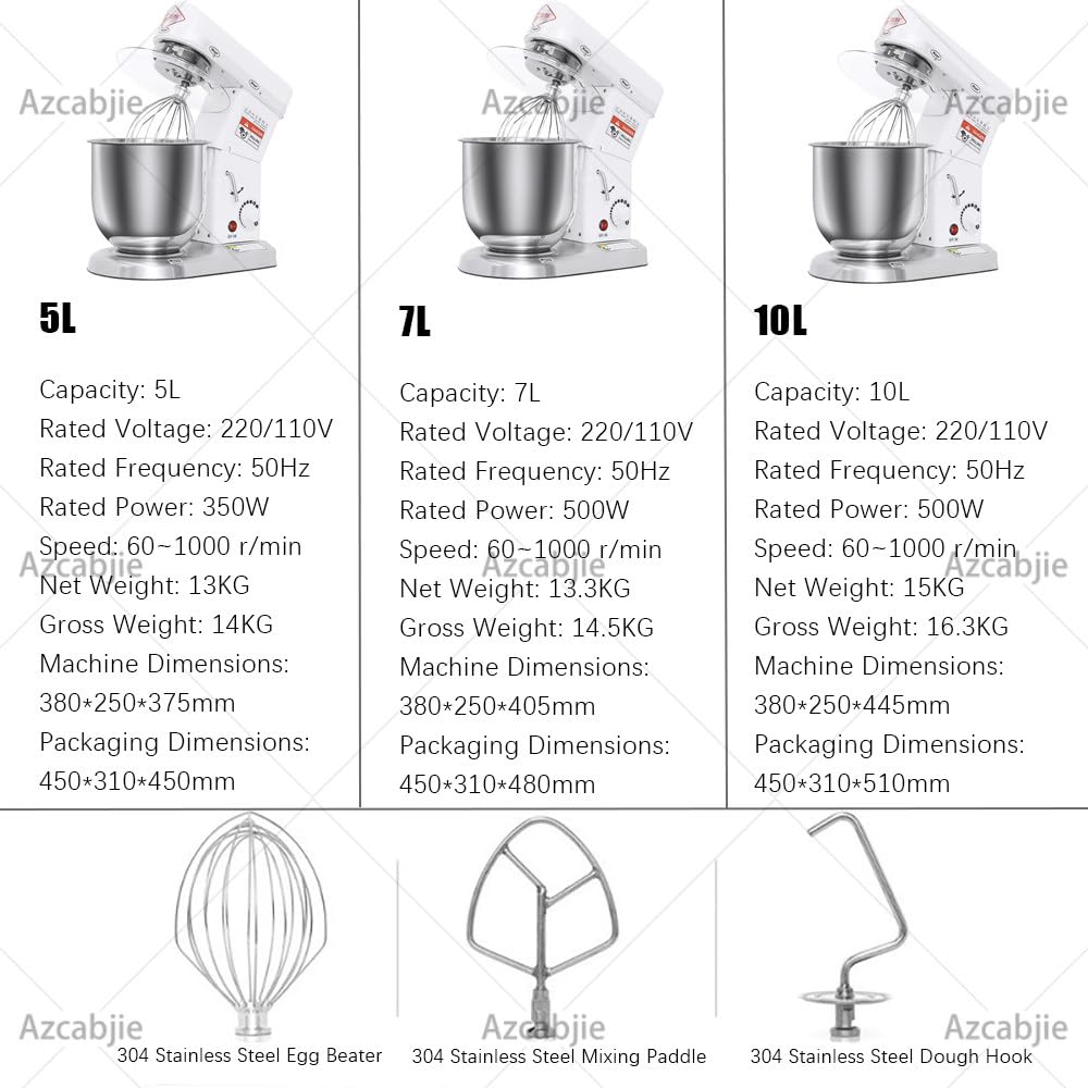 Impastatrice Multifunzione da Cucina Professionale White-10L | 5L/7L/10L Frullatore Multifunzione per Pizza E Panetteria,Impastatrice Elettrica a 3 Velocità per Pasticceria,Pizzeria