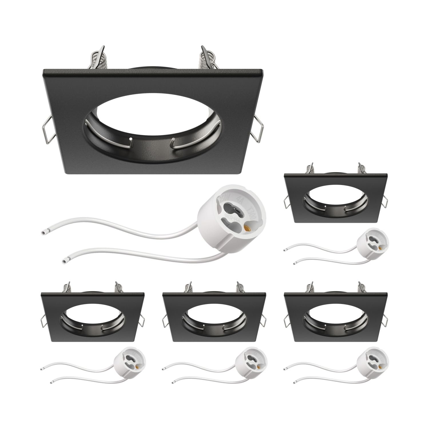 ledscom.de 5 piezas Marco para empotrar en el techo Marco para empotrar RIR negro mate angular (LED/Halógeno/GU10/MR16/PAR16/50mm) incl. casquillo GU10