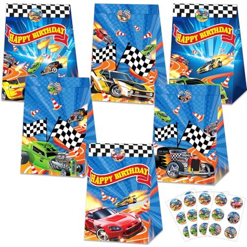 24Pcs Hot Car Birthday Party Supplies Race Car Party Favor Bags with Stickers Blue Racing Themed Paper Gift Goodie Bags Checkered Flag Race Theme Treat Candy Bag for Kids Boys Birthday Decorations