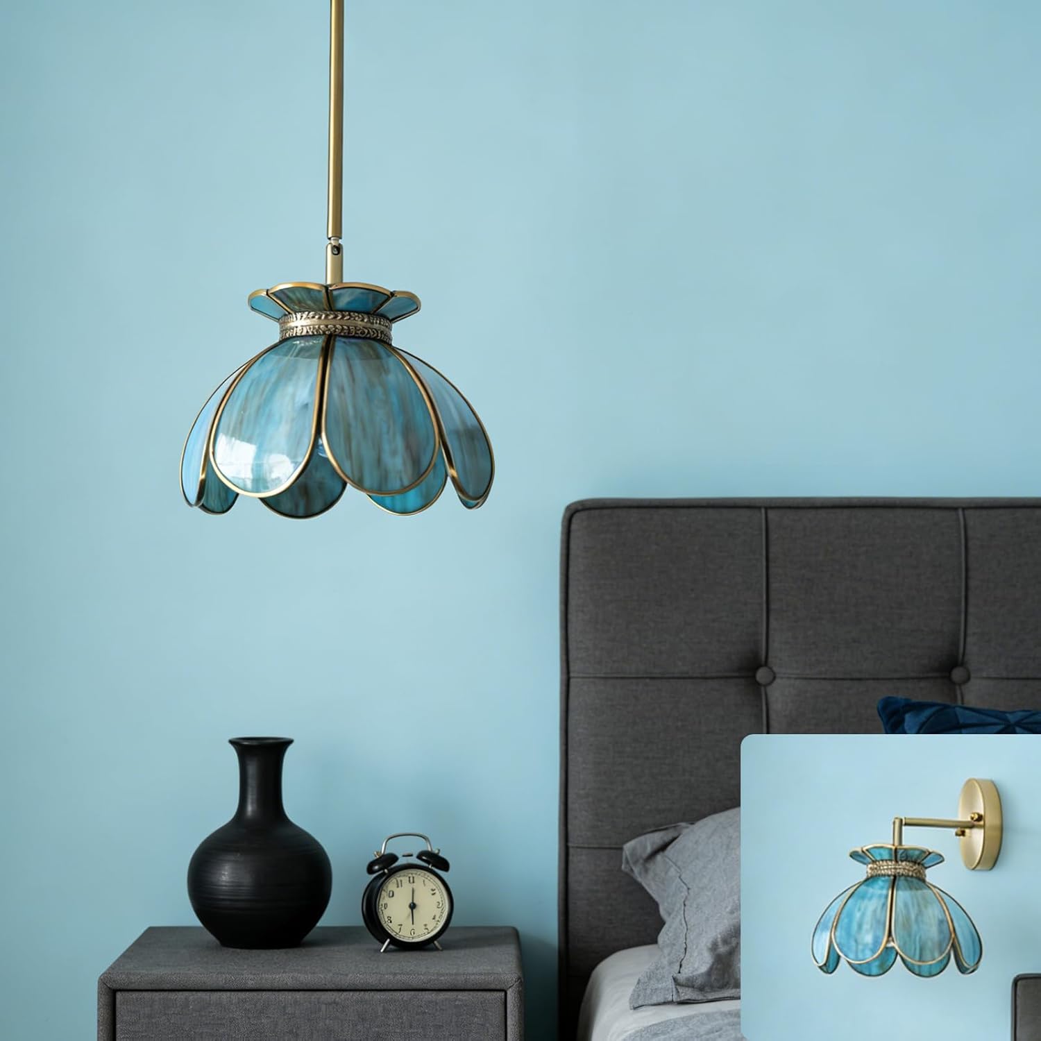 Vintage Brass Ceiling Pendant Light with Stained Lotus Flower Blue Glass Shade,Oriental Hanging Lamp or Wall Sconces Dual-Purpose, for Kitchen Island Dining Room Bedroom Living Room-7.9" Shade