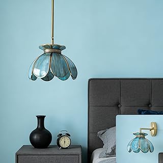 Vintage Brass Ceiling Pendant Light with Stained Lotus Flower Blue Glass...